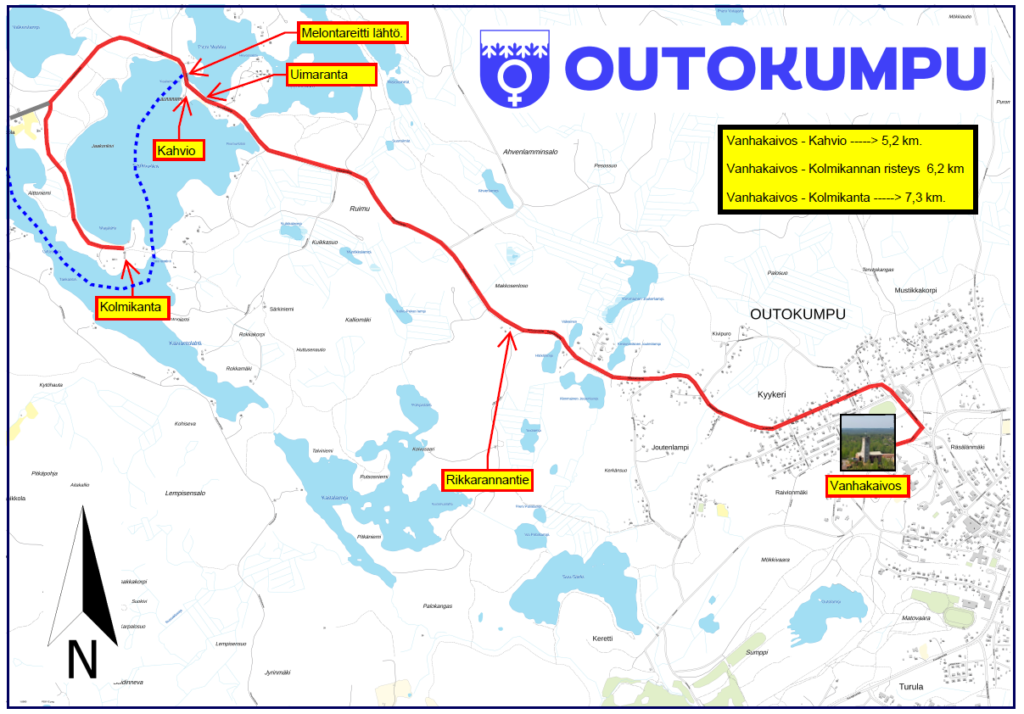 Karttareitti Kolmikantaan Outokummun Vanhalta Kaivokselta.