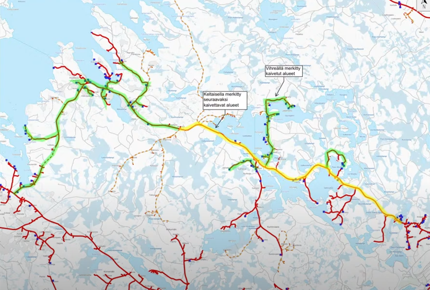 Valokuituverkon tilanne: vihreät alueet on kaivettu ja keltaiset alueet suunnitelmissa. 